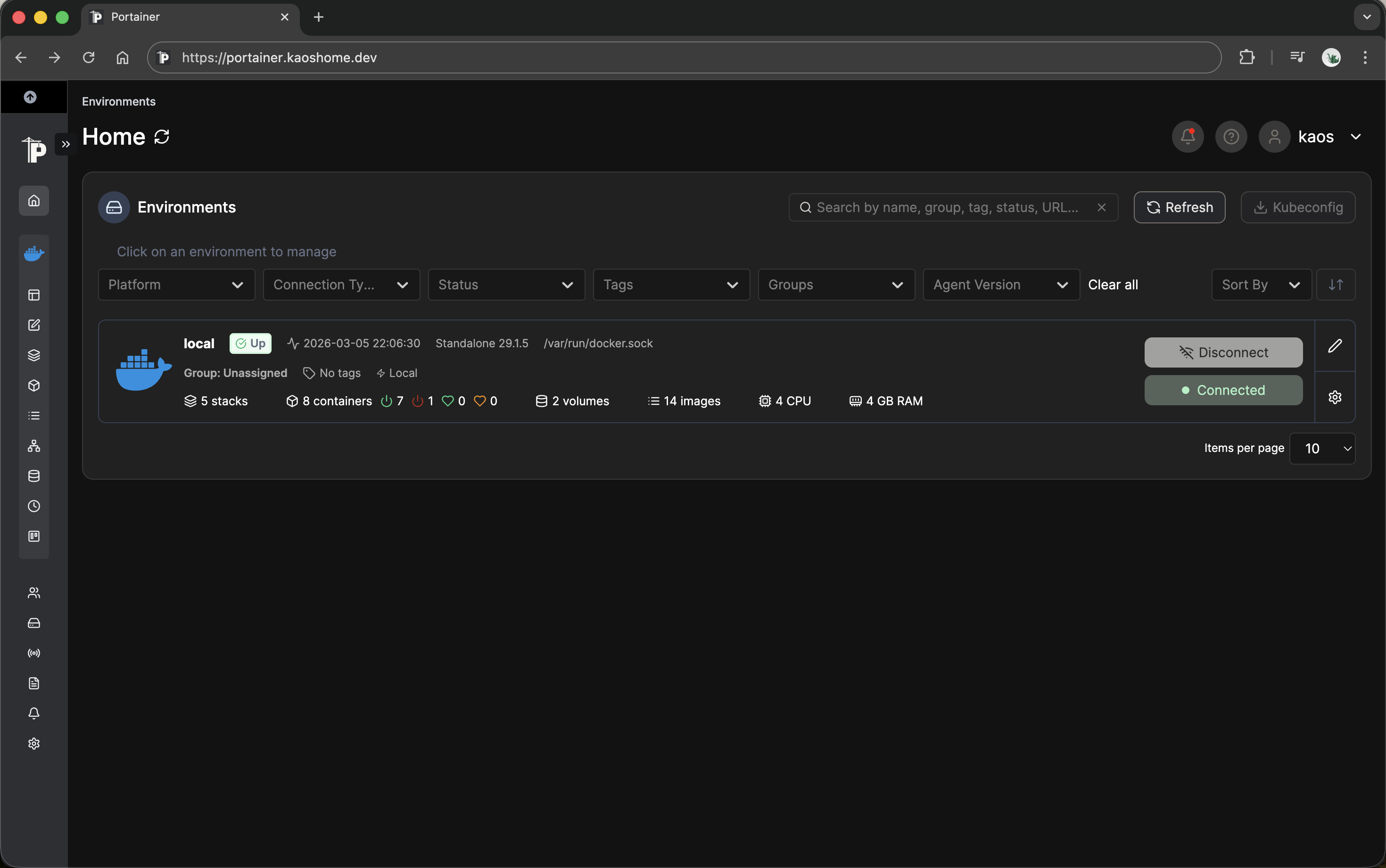 Portainer page on https://portainer.kaoshome.dev