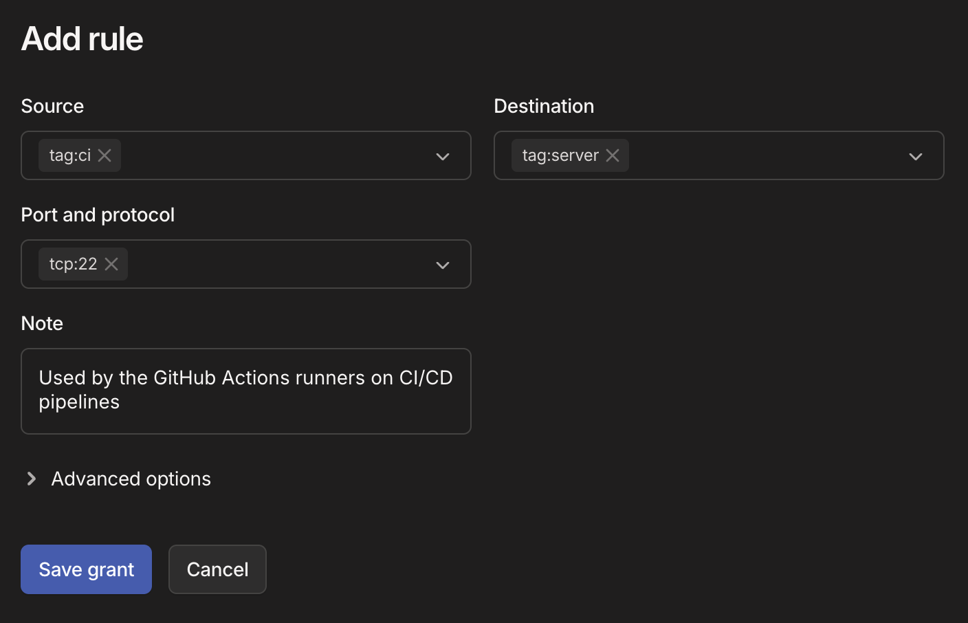 Tailscale ACL rule allowing tag:ci to reach the Pi