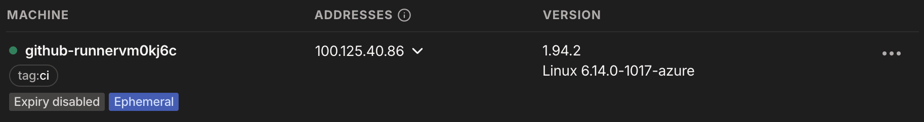 Tailscale admin console showing the ephemeral GitHub Actions runner joined to the tailnet