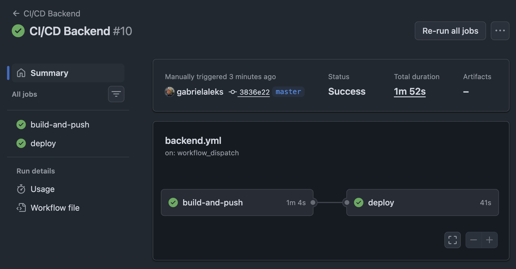 GitHub Actions workflow showing build-and-push and deploy jobs completing successfully