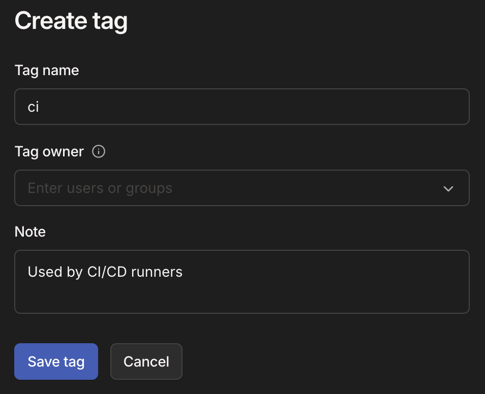 Tailscale Access Controls page showing the tag:ci definition