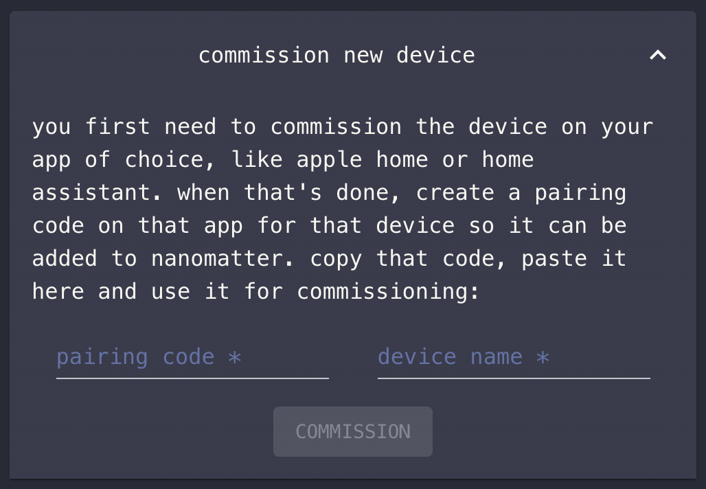 Dropdown used to commission a new device