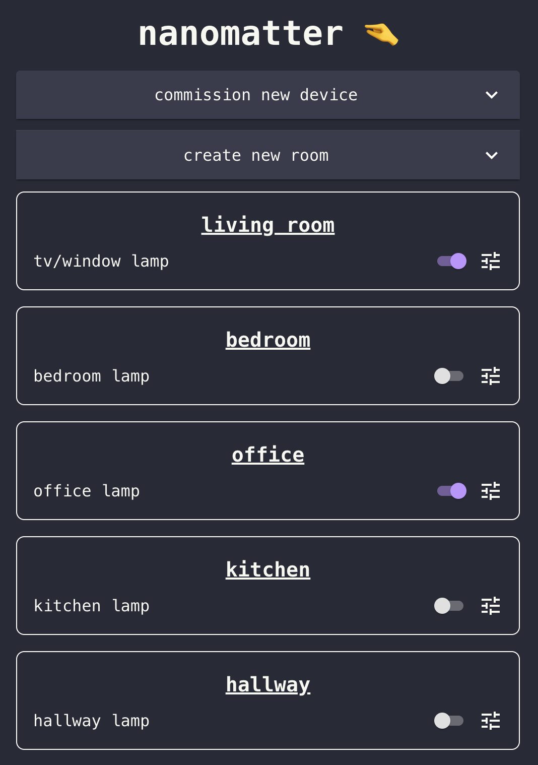 Nanomatter dashboard showing rooms with lamp controls